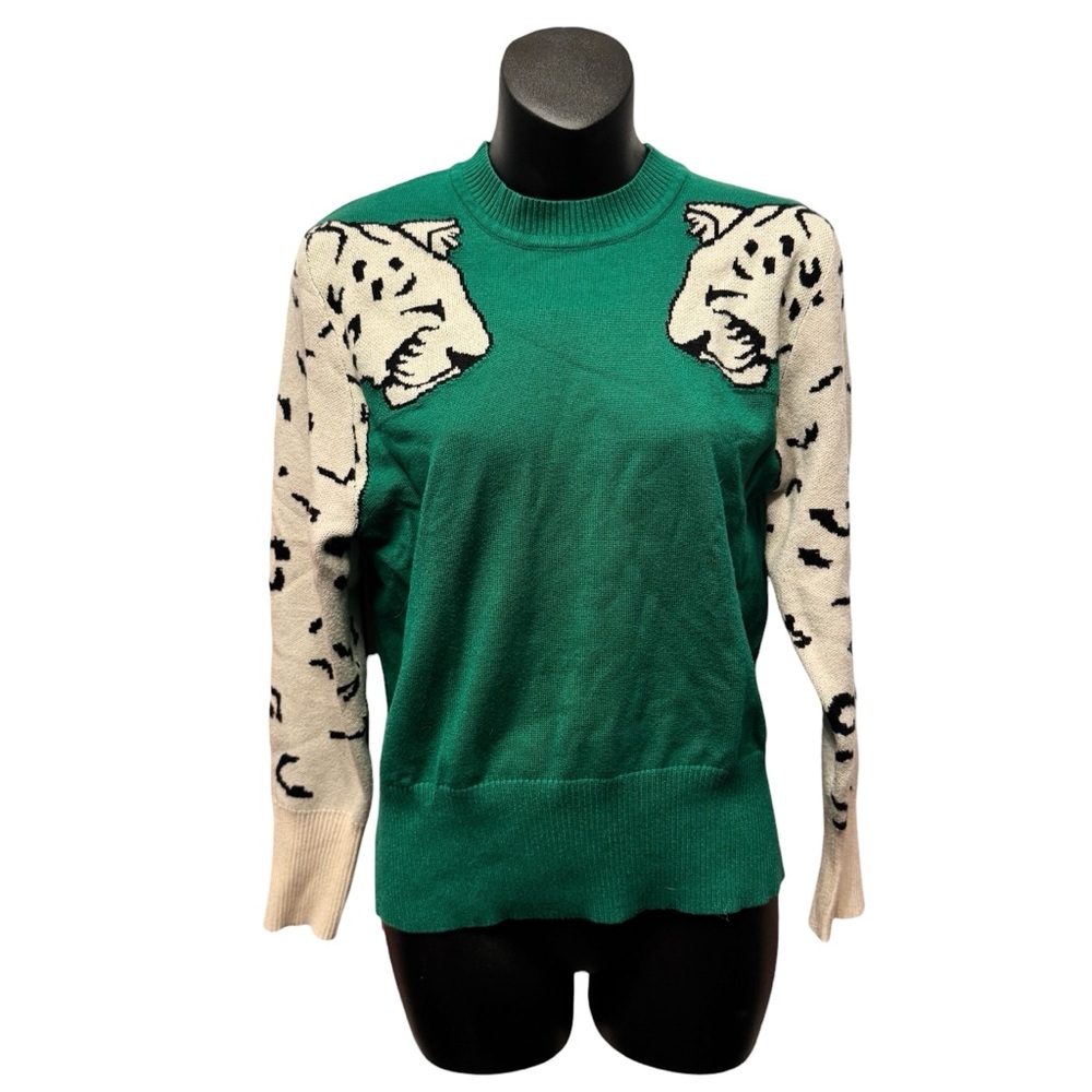 Green Snow Leopard Print Sleeve Knit Sweater Size Small Quirky Novelty